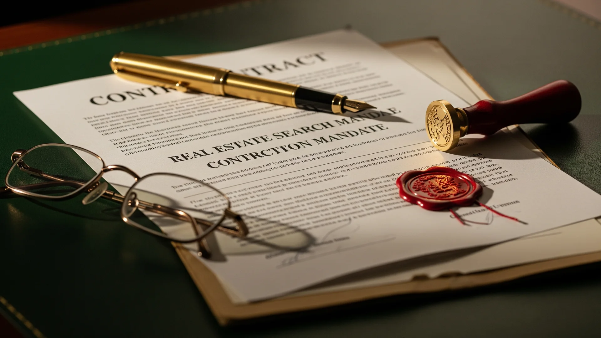 Mandat de recherche immobilier — contrat, plume et sceau sur un bureau