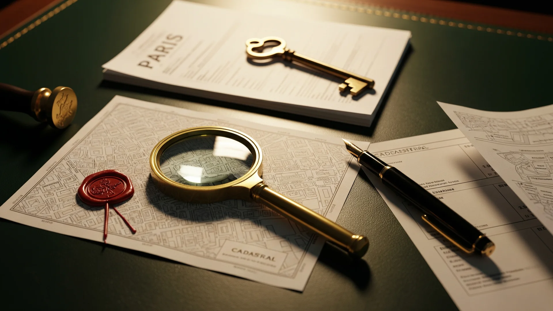Vérification d'un bien off-market parisien : loupe sur documents et plan cadastral